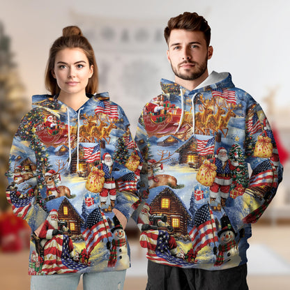 Netecom Patriotic Santa Claus Print Hoodie with Front Pocket, All Over USA Flag Holiday Graphic Sweatshirt Unisex Casual