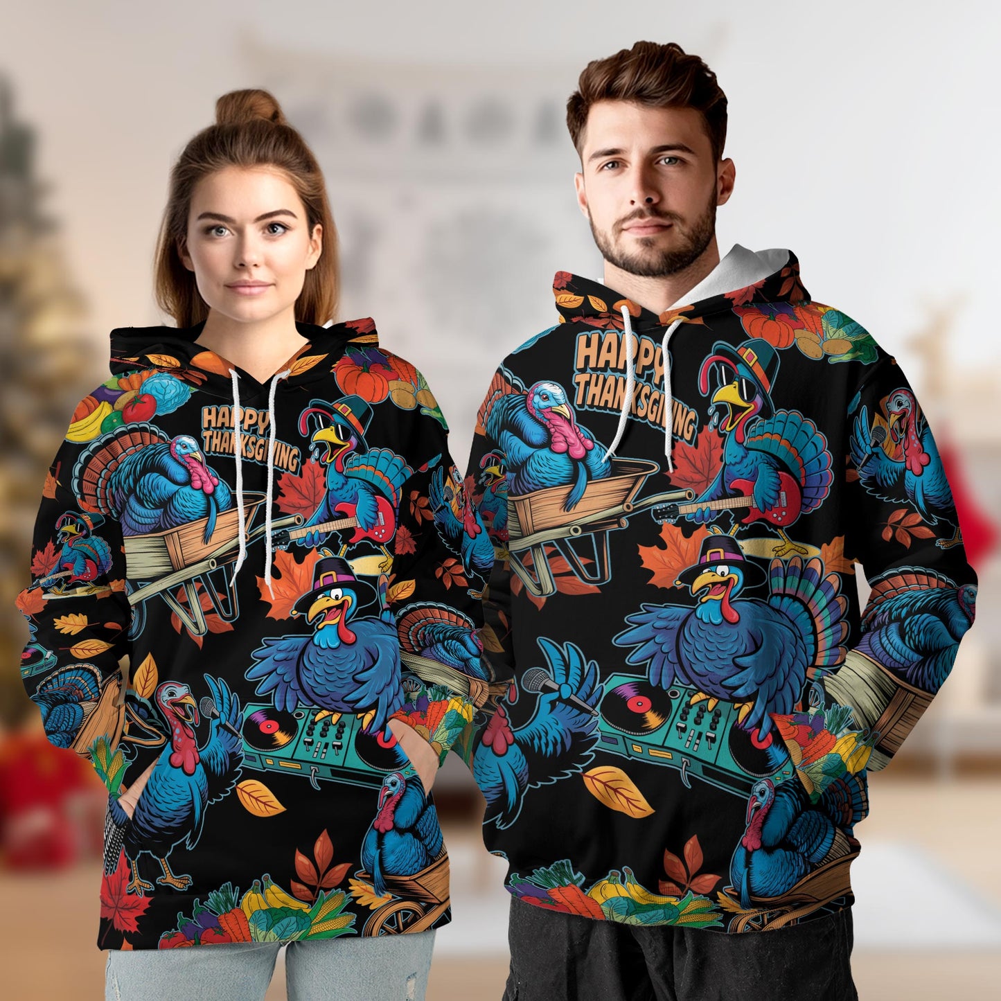 Netecom Happy Turkey Day Print Hoodie with Front Pocket, All Over Thanksgiving Turkey Music Graphic Sweatshirt Unisex Casual