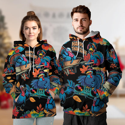 Netecom Happy Turkey Day Print Hoodie with Front Pocket, All Over Thanksgiving Turkey Music Graphic Sweatshirt Unisex Casual