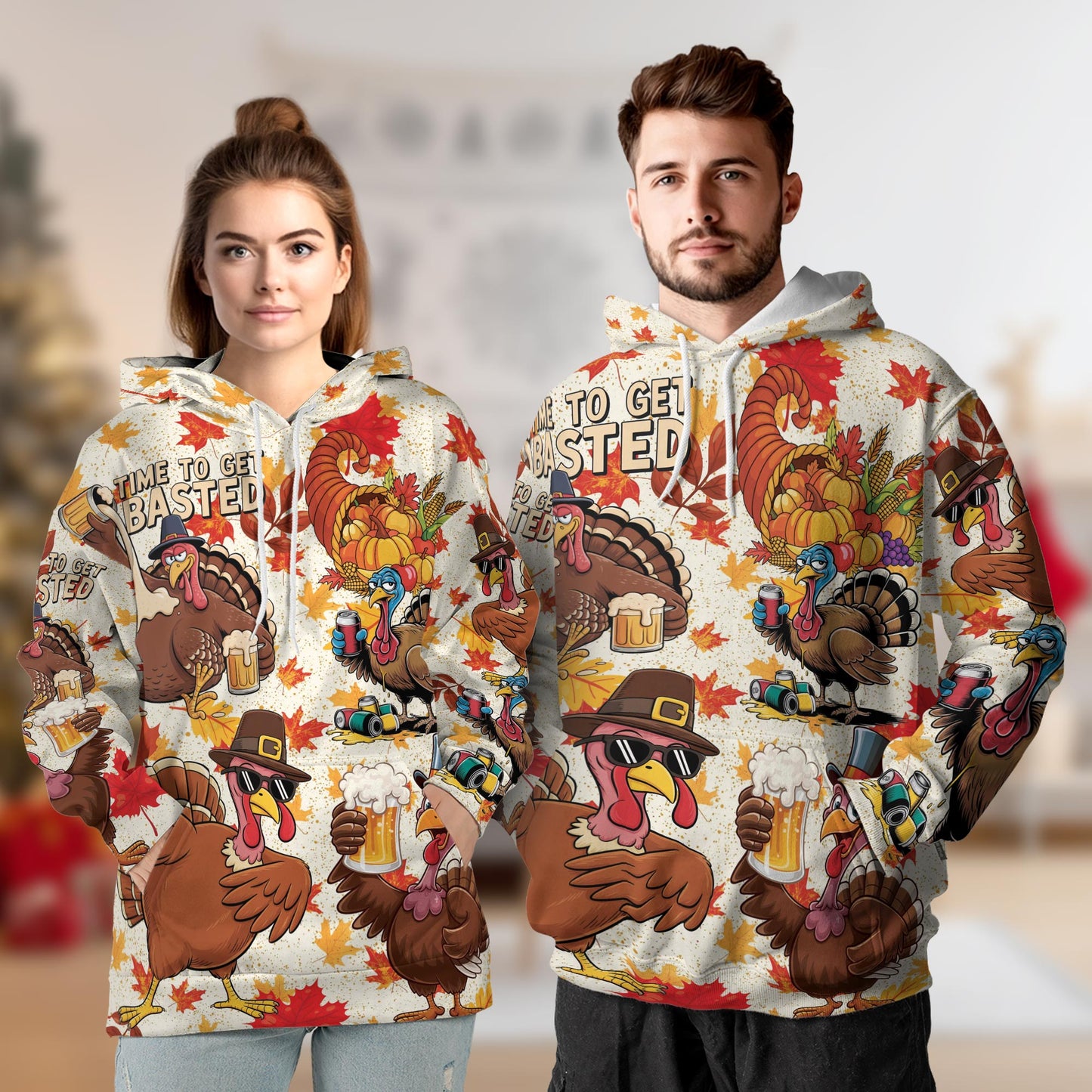 Netecom Turkey Day Thanksgiving Print Hoodie with Front Pocket, All Over Turkey Drink Beer Graphic Sweatshirt Unisex Casual