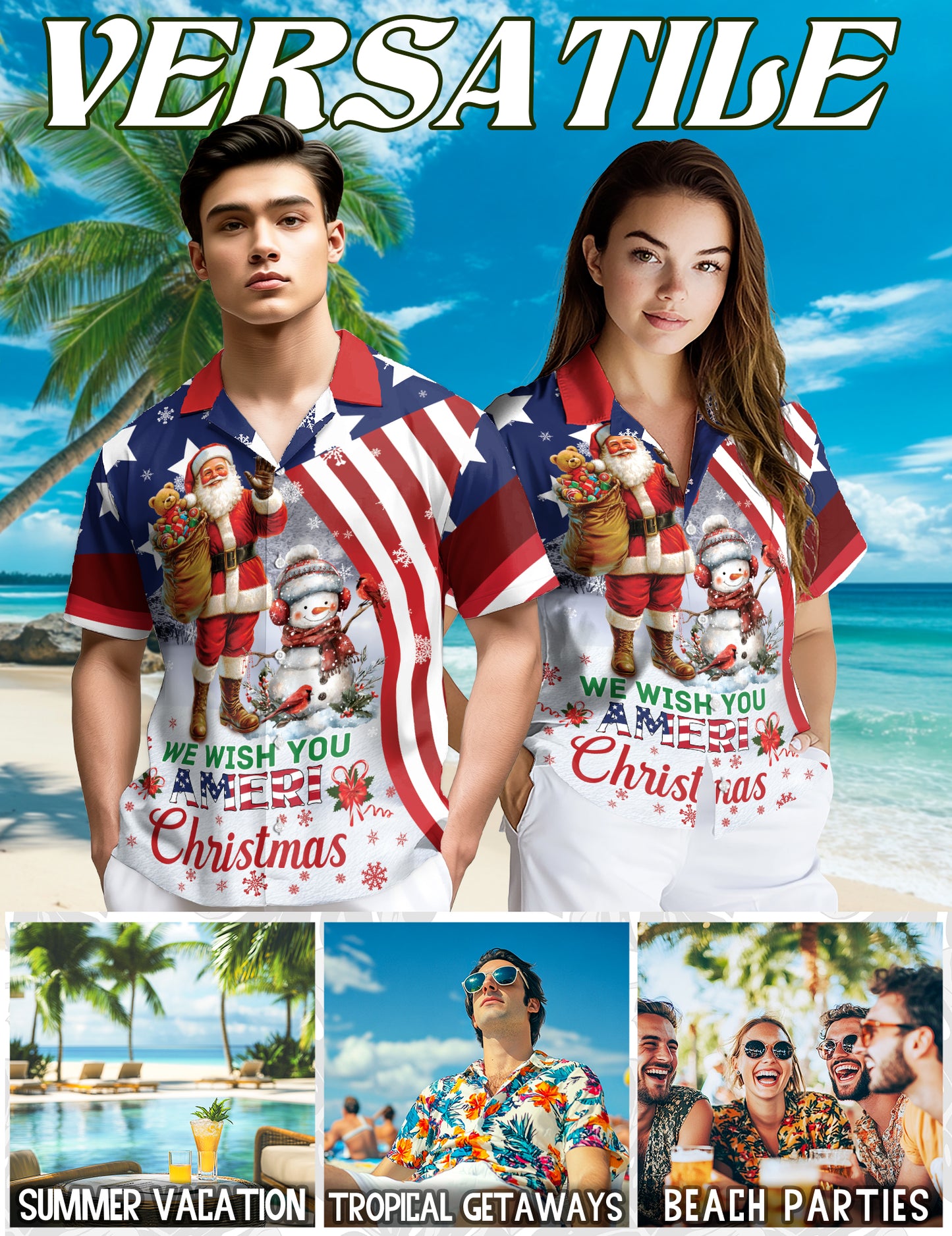 Netecom We Wish You Ameri Christmas Hawaiian Shirt, Patriotic Santa Snowman Flag Button Down Shirt