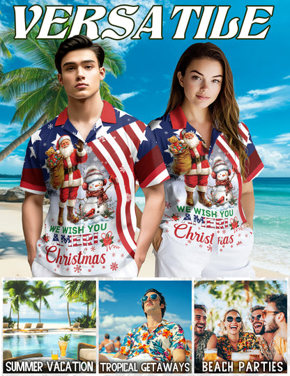Netecom We Wish You Ameri Christmas Hawaiian Shirt, Patriotic Santa Snowman Flag Button Down Shirt