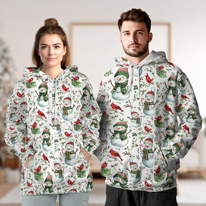 Netecom Snowman and Red Cardinal Christmas 3D Hoodie with Front Pocket, Unisex Casual All Over Graphic Sweatshirt