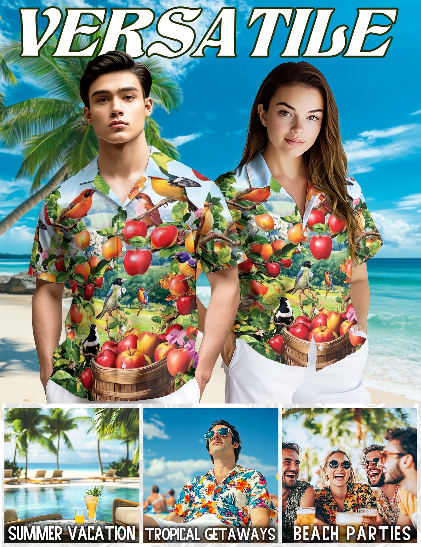 Netecom Apple Fruits and Birds Hawaiian Shirt, Fruits Lover Gifts, Tropical Animal Button Down Summer Beach Shirts