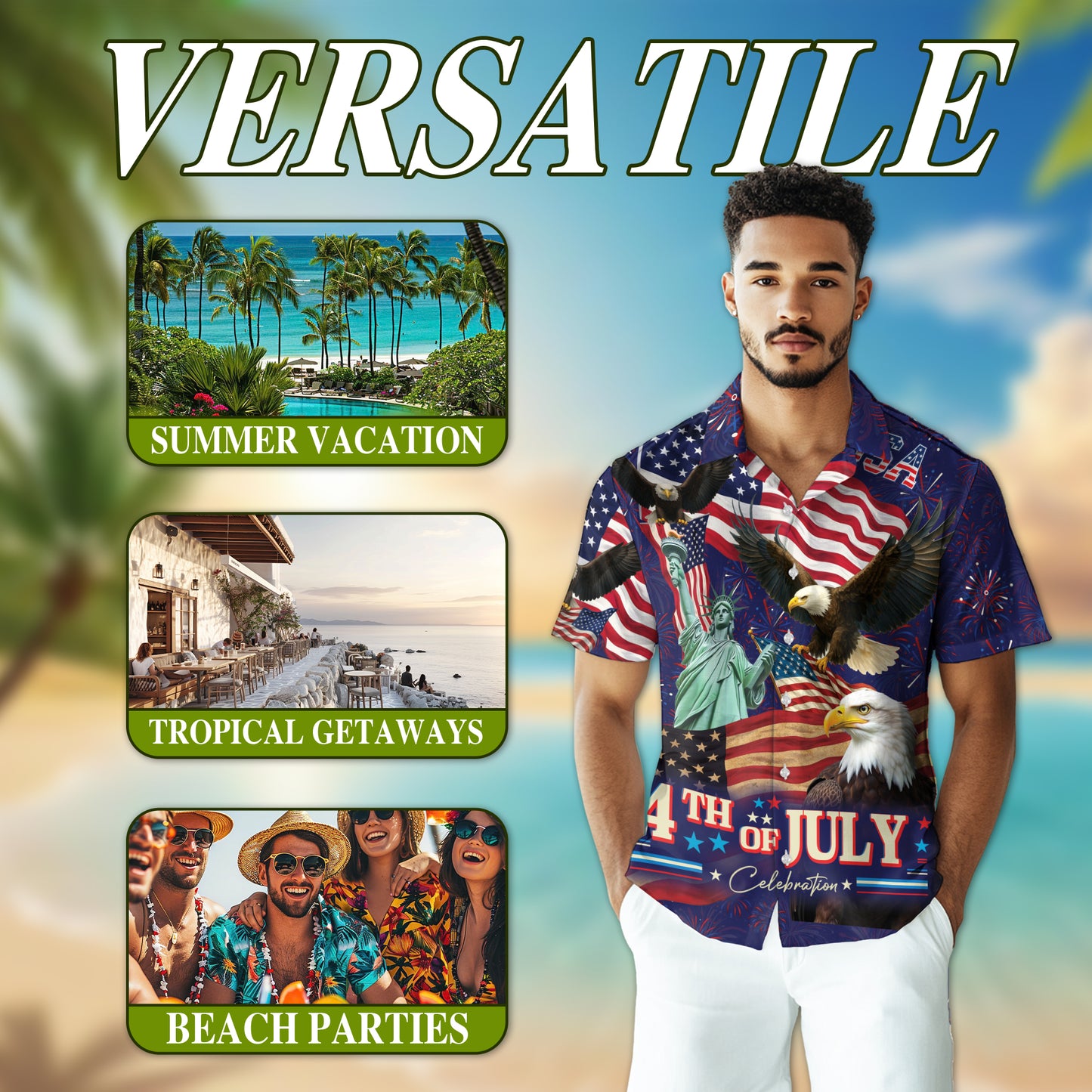 Netecom 4th of July Independence Day Hawaiian Shirt, Patriotic Eagle Button Down Summer Beach Shirts