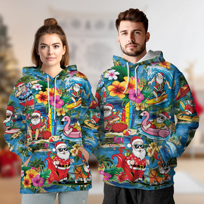 Netecom Christmas Santa Claus On The Beach Print Hoodie with Front Pocket, All Over Graphic Sweatshirt Unisex Casual