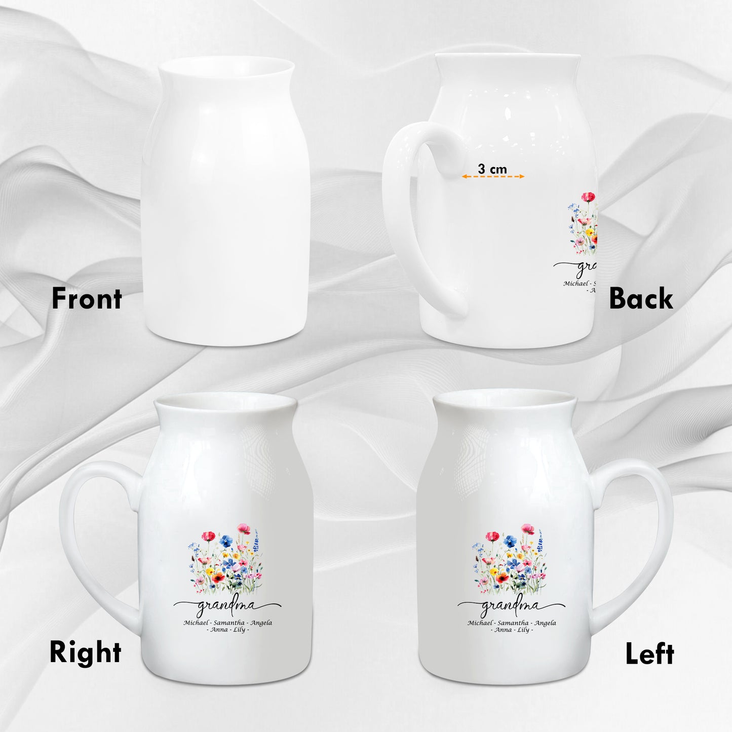 Netecom Personalized Ceramic Jug Vase with Custom Title and Names, Perfect Gift for Grandma, Mother’s Day, or Family Occasions