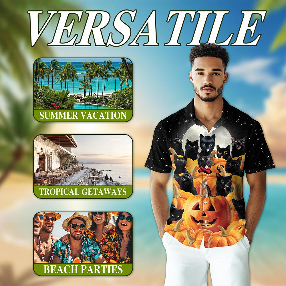 Netecom Cute Black Cat Pumpkin Hawaiian Shirt for Men, Halloween Present, Animal Button Down Summer Beach Shirts, S-5XL
