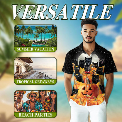 Netecom Cute Black Cat Pumpkin Hawaiian Shirt for Men, Halloween Present, Animal Button Down Summer Beach Shirts, S-5XL