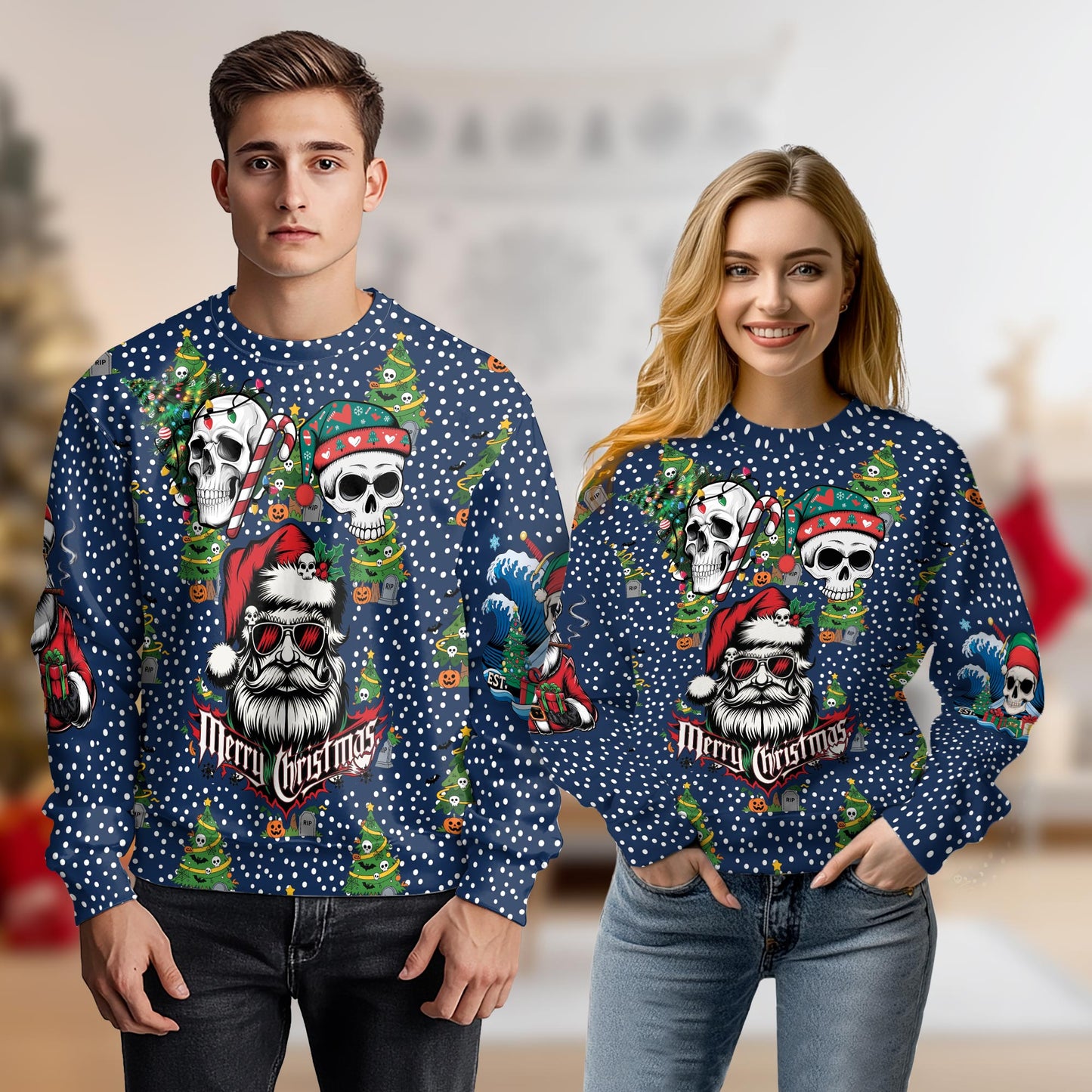 Netecom Christmas Skull Sweatshirt 3D All Over Print, Gothic Santa Clause Design, Crewneck Pullover for Costume Party