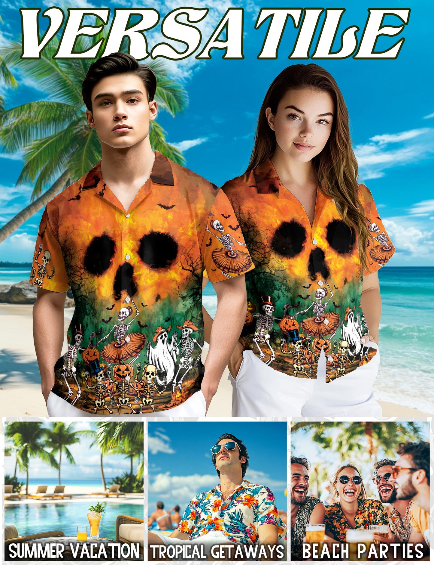 Netecom Party At Halloween Night Hawaiian Shirt for Men, Ghost Skeleton Button Down Summer Beach Short Sleeve Shirts, S-5XL