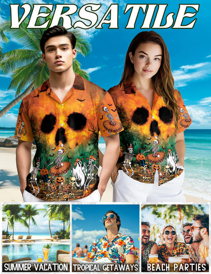 Netecom Party At Halloween Night Hawaiian Shirt for Men, Ghost Skeleton Button Down Summer Beach Short Sleeve Shirts, S-5XL