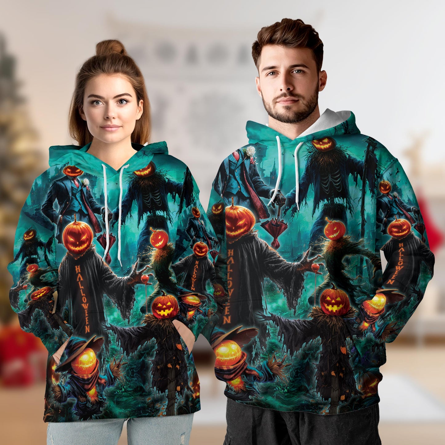 Netecom Happy Pumpkin Halloween 3D Print Hoodie with Front Pocket, All Over Graphic Skull Sweatshirt Unisex Casual
