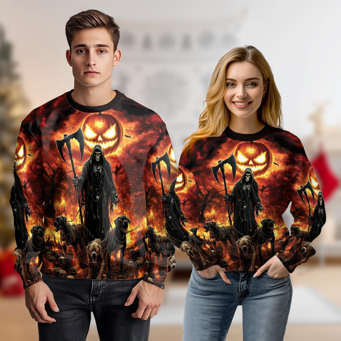 Netecom Halloween Grim Reaper Pumpkin Sweatshirt 3D All Over Print, Hellhound Dog Design, Crewneck Pullover for Costume Party