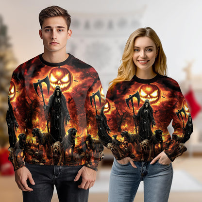 Netecom Halloween Grim Reaper Pumpkin Sweatshirt 3D All Over Print, Hellhound Dog Design, Crewneck Pullover for Costume Party