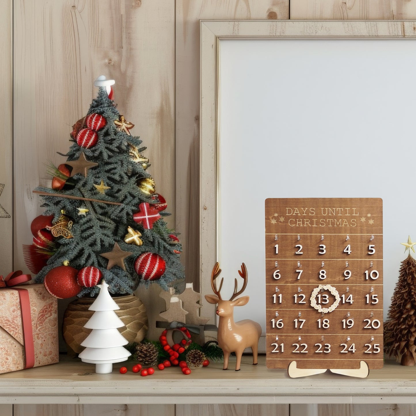 Netecom Wooden Christmas Countdown Sign – 2-Layer Holiday Calendar with Wreath Marker