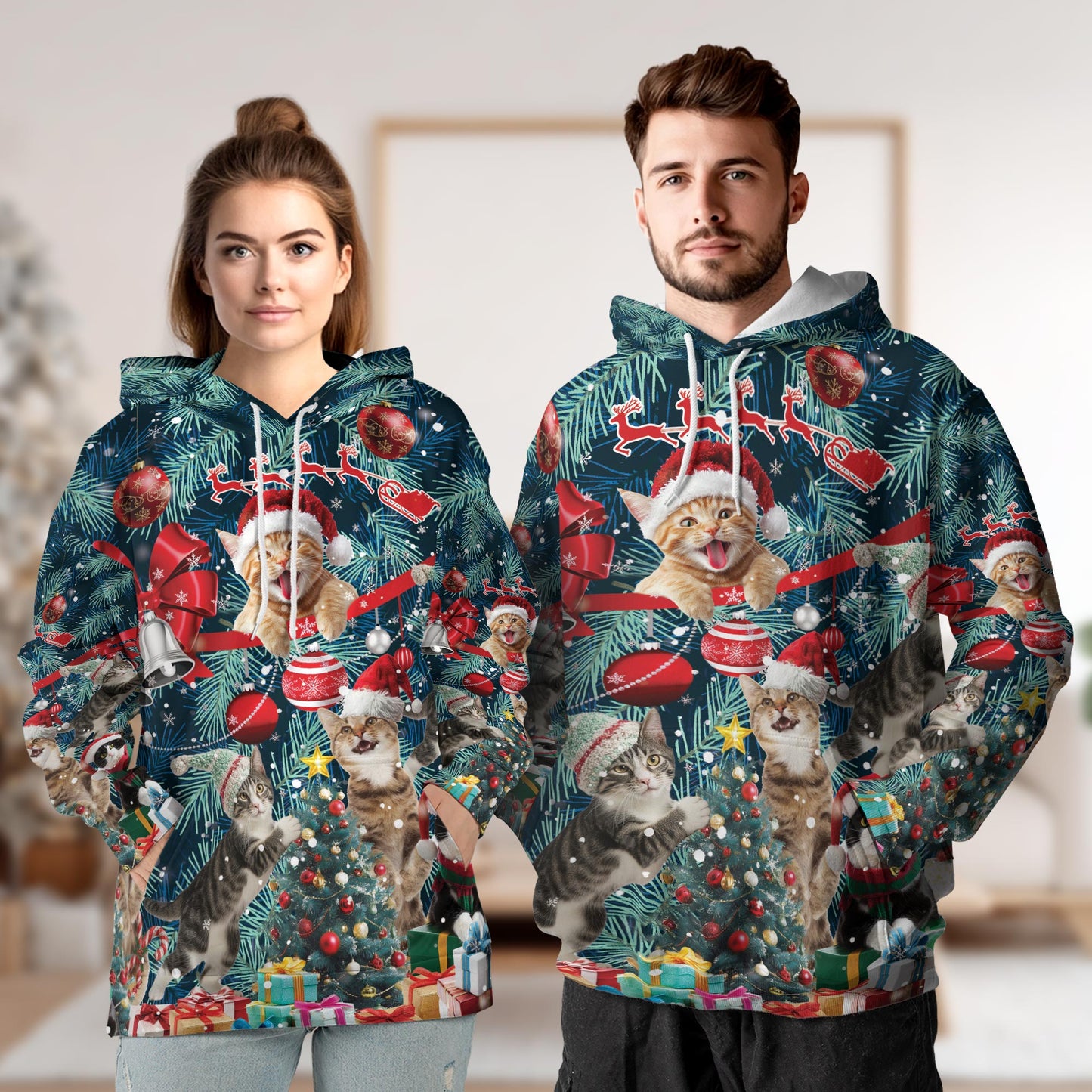 Netecom Christmas Cat 3D Hoodie with Front Pocket, Unisex Casual All Over Funny Kitten Santa Graphic Sweatshirt