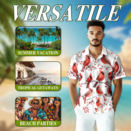Netecom Snow Cardinal Hawaiian Shirt for Men, Bird Lover Gifts, Animal Button Down Summer Beach Short Sleeve Shirts