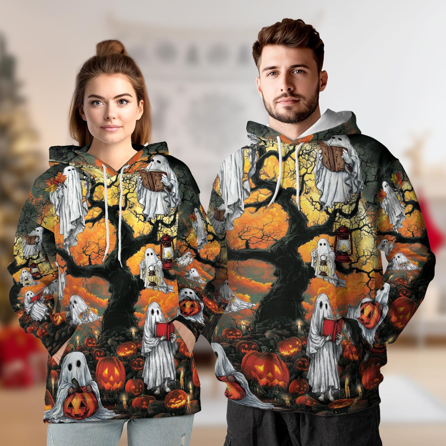 Netecom Ghost Halloween Print Hoodie with Front Pocket, All Over Pumpkins Graphic Sweatshirt Unisex Casual