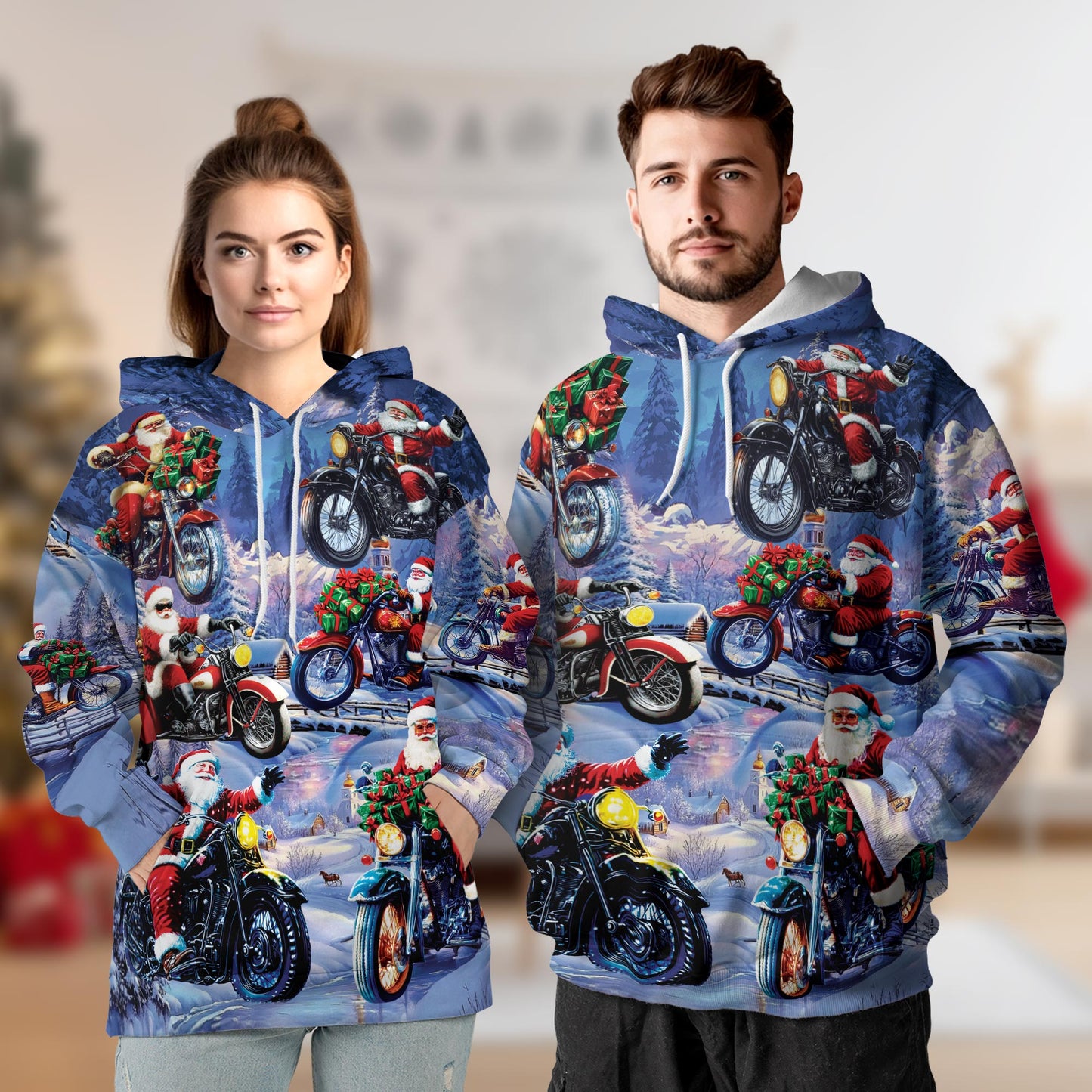 Netecom Santa Claus Riding Motorcycle Print Hoodie with Front Pocket, All Over Funny Biker Graphic Sweatshirt Unisex Casual