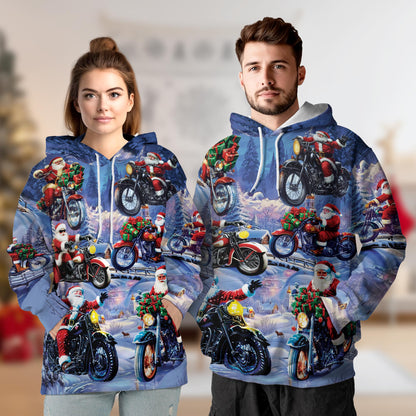 Netecom Santa Claus Riding Motorcycle Print Hoodie with Front Pocket, All Over Funny Biker Graphic Sweatshirt Unisex Casual