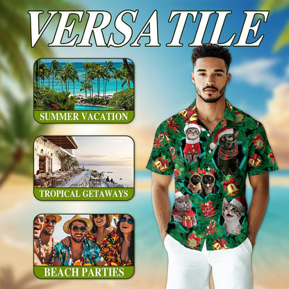 Netecom Christmas Cats Hawaiian Shirt for Men, Cute Kitten Holiday Print Button Down Summer Beach Short Sleeve Shirt, S-5XL