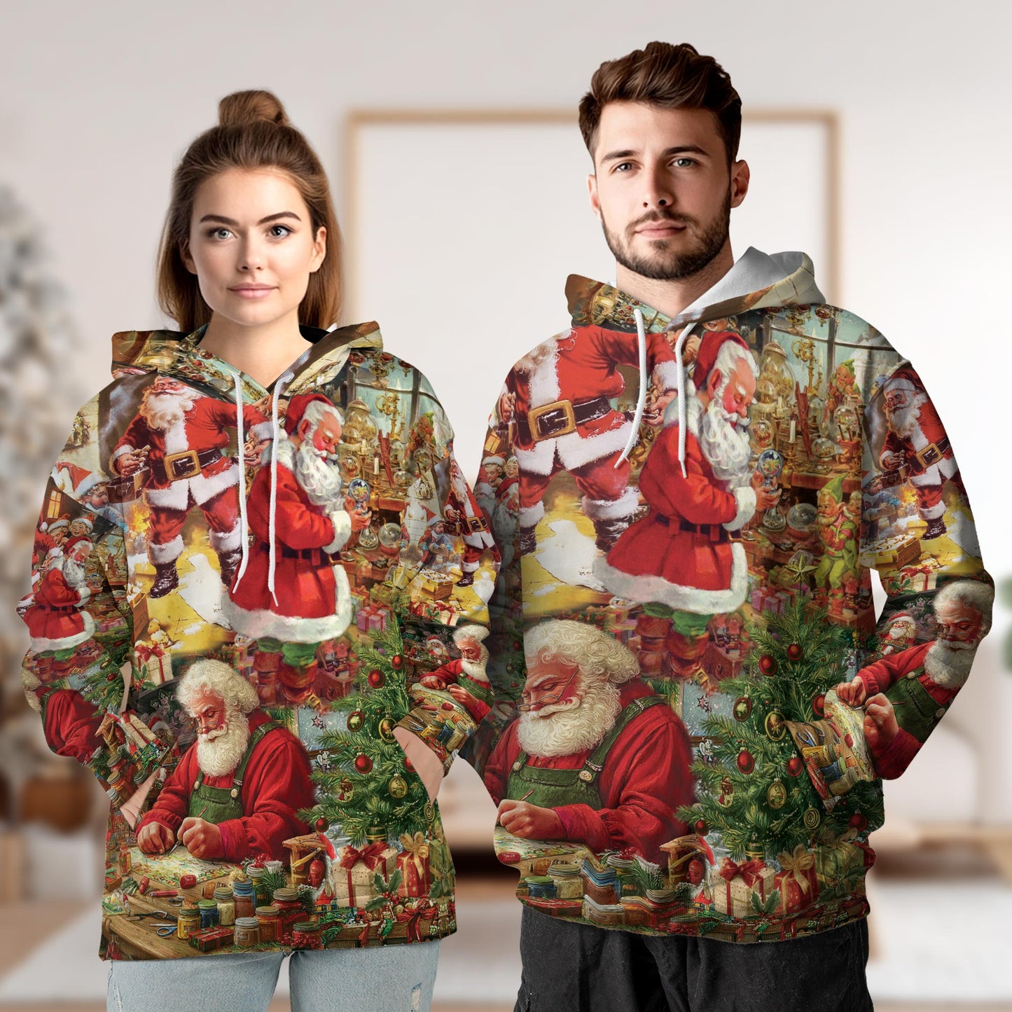 Netecom Santa Claus Christmas 3D Hoodie with Front Pocket, Unisex Casual All Over Festive Holiday Graphic Sweatshirt