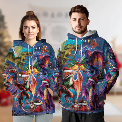 Netecom Christmas Dragon Print Hoodie with Front Pocket, All Over Fantasy Fire Dragon Graphic Sweatshirt Unisex Casual
