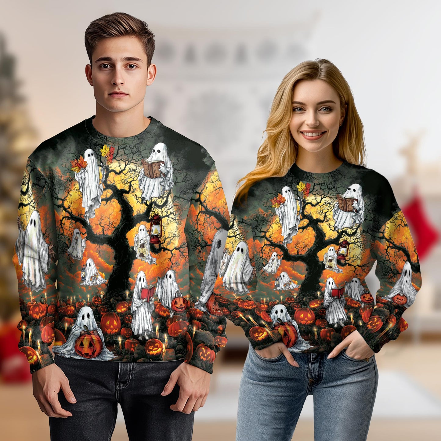 Netecom Halloween Ghost Pumpkin Sweatshirt 3D All Over Print, Spooky Night Outfit, Crewneck Pullover for Costume Party