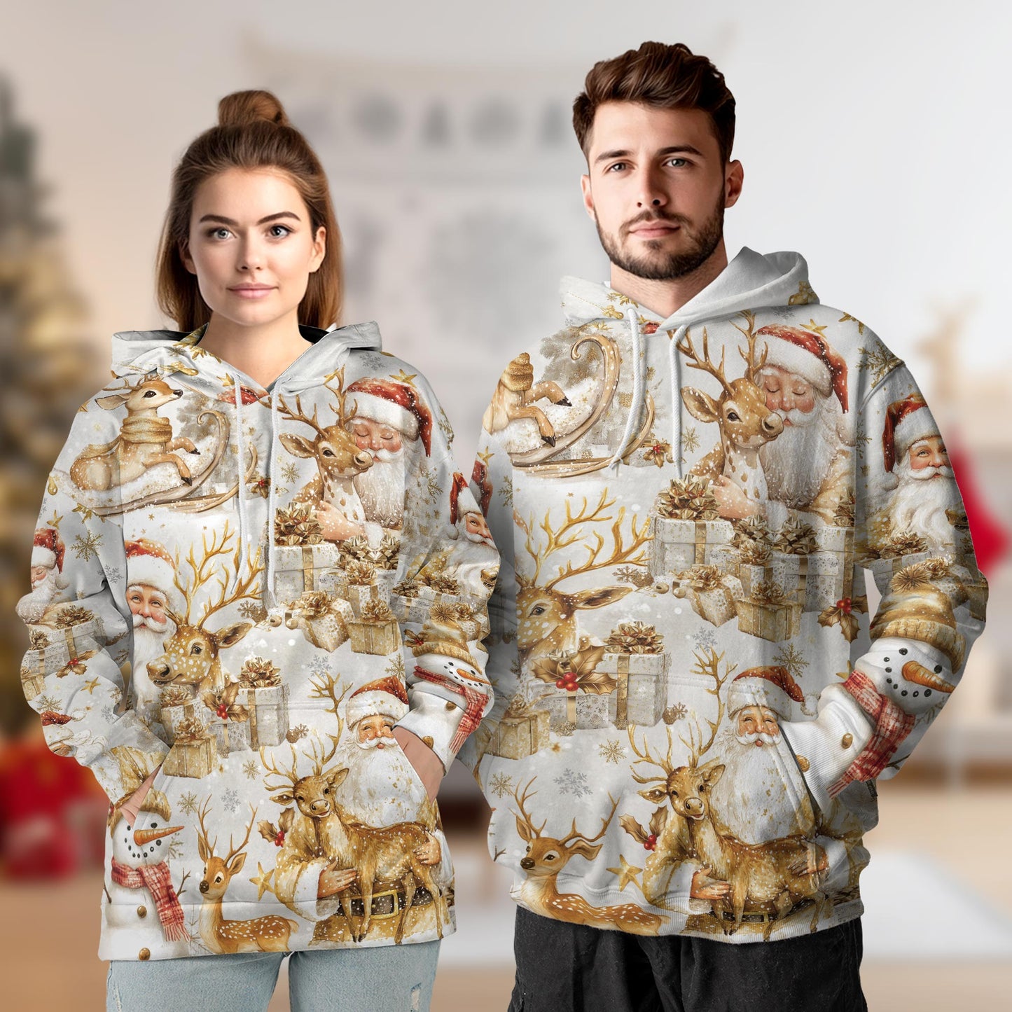 Netecom Golden Santa Claus and Reindeer Christmas Print Hoodie with Front Pocket, All Over Graphic Sweatshirt Unisex Casual