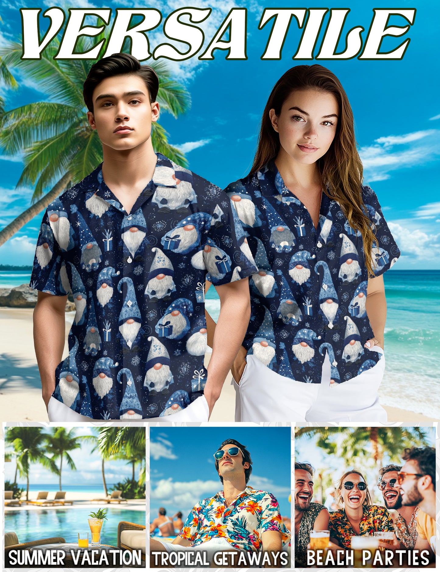 Netecom Blue Snow Gnomes Pattern Hawaiian Shirt for Men, Vintage Christmas Holiday Aloha Button Down Short Sleeve Shirt