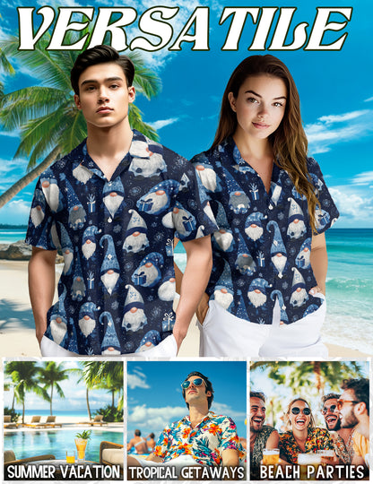 Netecom Blue Snow Gnomes Pattern Hawaiian Shirt for Men, Vintage Christmas Holiday Aloha Button Down Short Sleeve Shirt