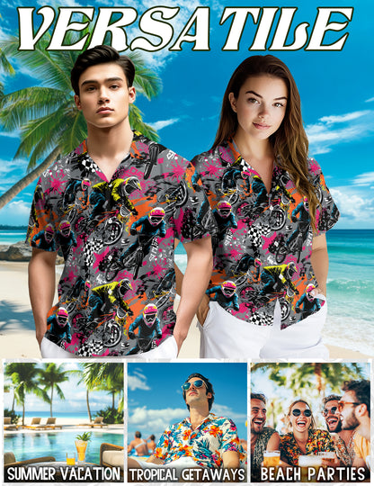 Netecom Freestyle BMX Hawaiian Shirt for Men, Colorful Pop Art Bicycle Rider Graphic Button Down Shirt