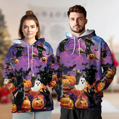 Netecom Black Cat Pumpkin Halloween 3D Print Hoodie with Front Pocket, All Over Graphic Animal Ghost Sweatshirt Unisex Casual