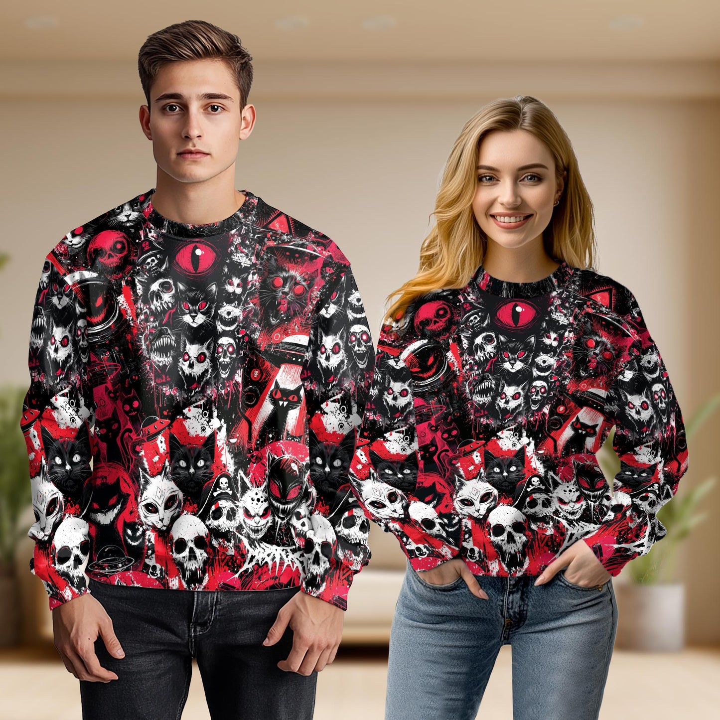 Netecom Creepy Cat Skull Horror Sweatshirt 3D All Over Print – Unisex Crewneck Pullover, Lightweight Fleece Casual Outfit