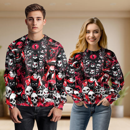 Netecom Creepy Cat Skull Horror Sweatshirt 3D All Over Print – Unisex Crewneck Pullover, Lightweight Fleece Casual Outfit