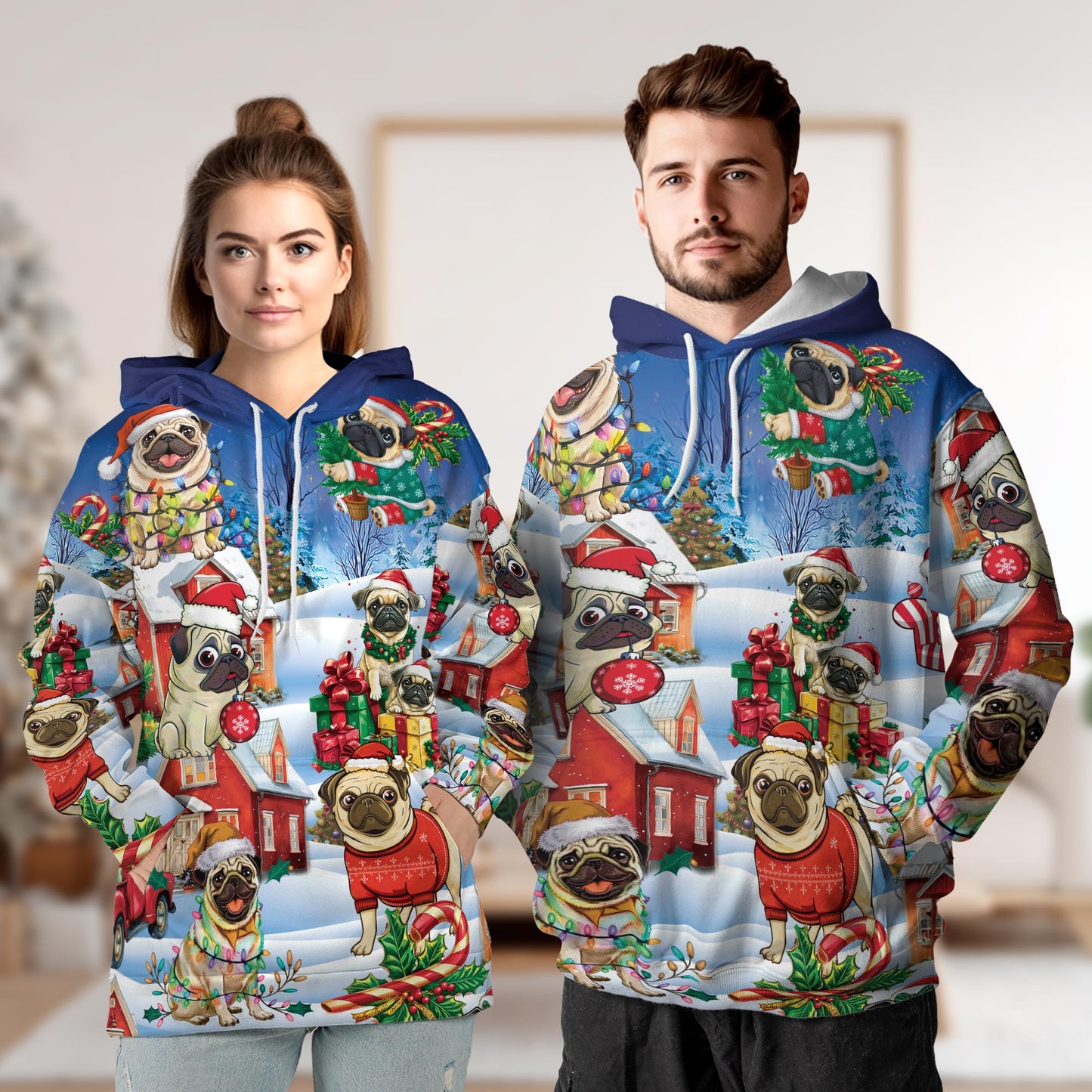 Netecom Funny Pug Christmas 3D Hoodie with Front Pocket, Unisex Casual All Over Cute Dog Holiday Graphic Sweatshirt