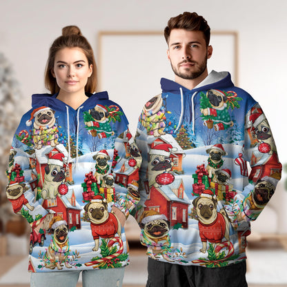 Netecom Funny Pug Christmas 3D Hoodie with Front Pocket, Unisex Casual All Over Cute Dog Holiday Graphic Sweatshirt