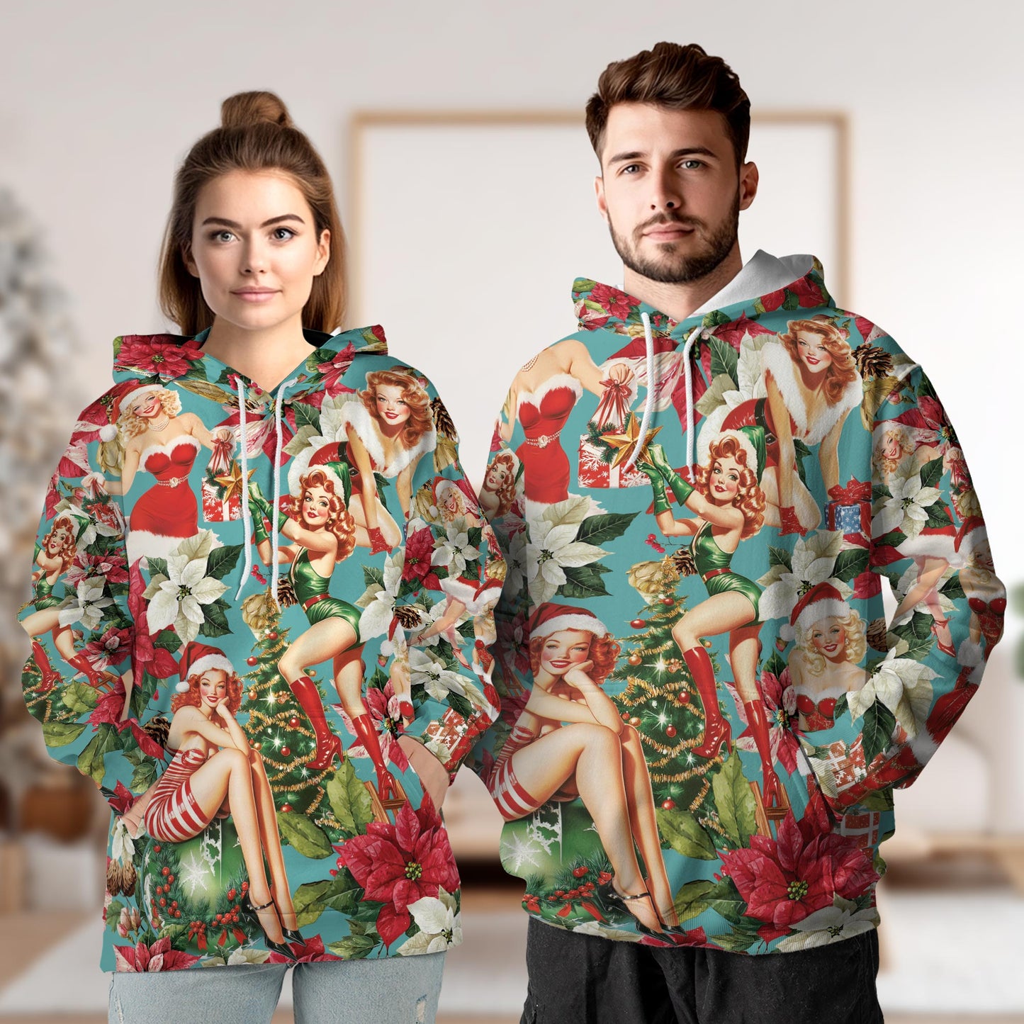 Netecom Christmas Pinup Girl 3D Hoodie with Front Pocket, Unisex Casual All Over Vintage Holiday Graphic Sweatshirt