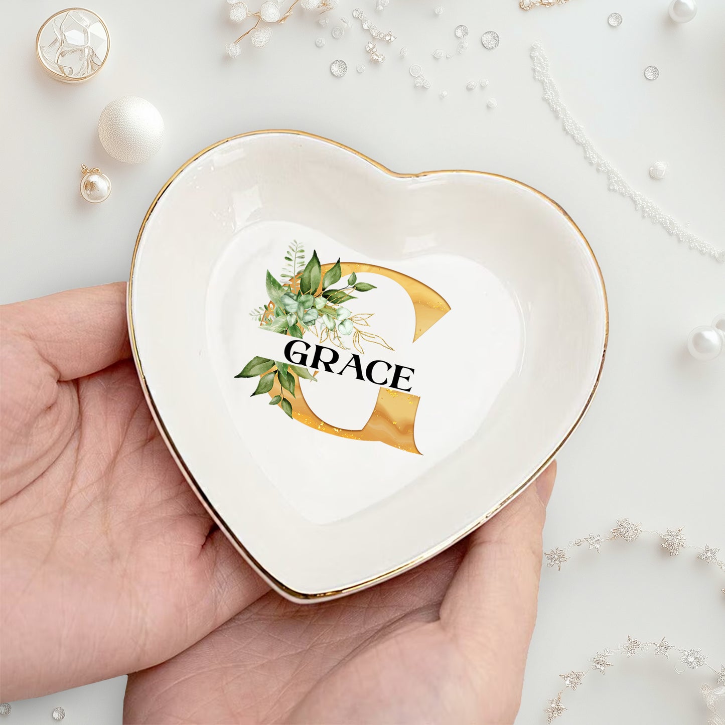 Netecom Personalized Custom Ceramic Jewelry Tray with Initials and Names, Perfect for Organizing Jewelry, Gift for Weddings, Christmas, or Family Celebratio