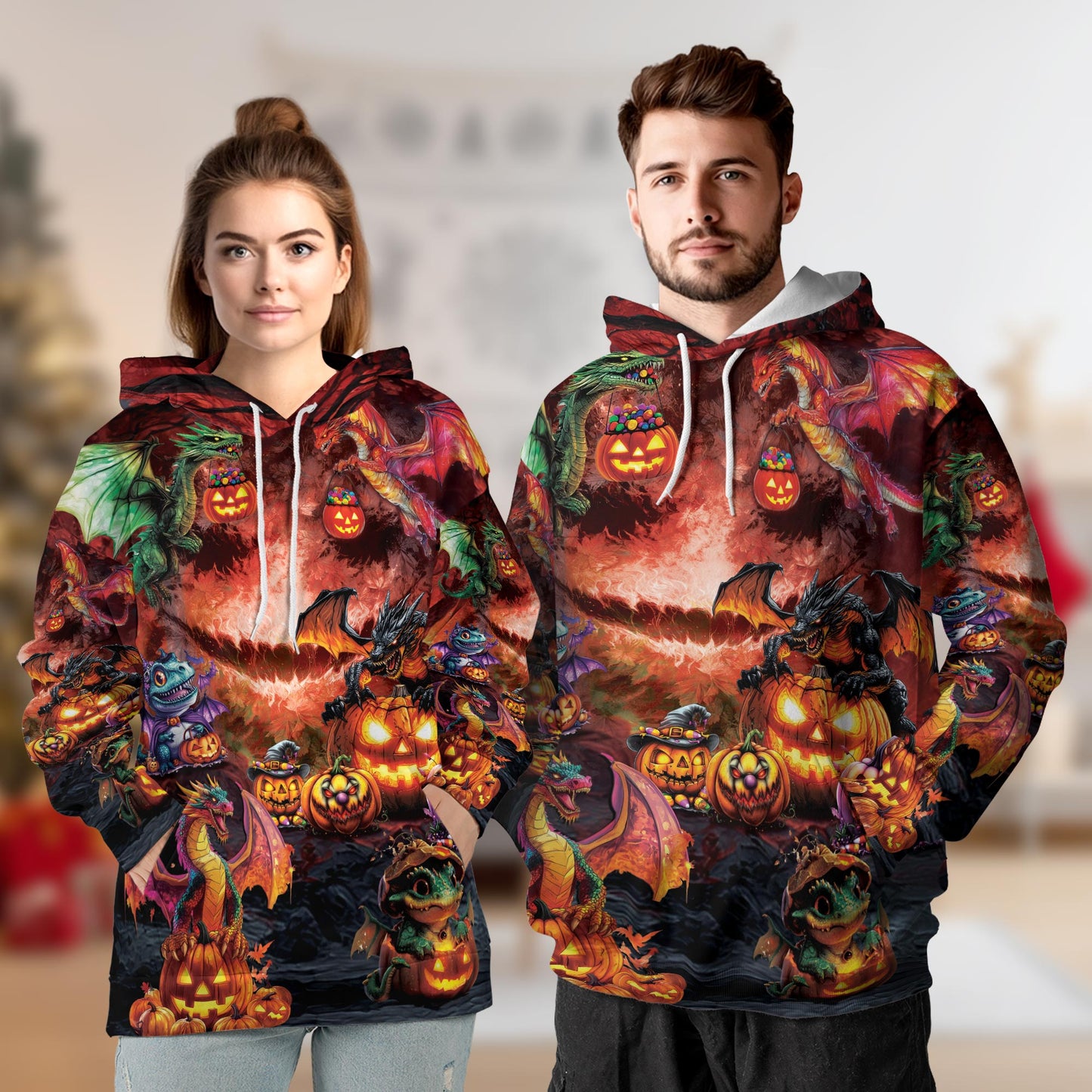 Netecom Halloween Dragon 3D Print Hoodie with Front Pocket, All Over Graphic Mythology Dragon Sweatshirt Unisex Casual