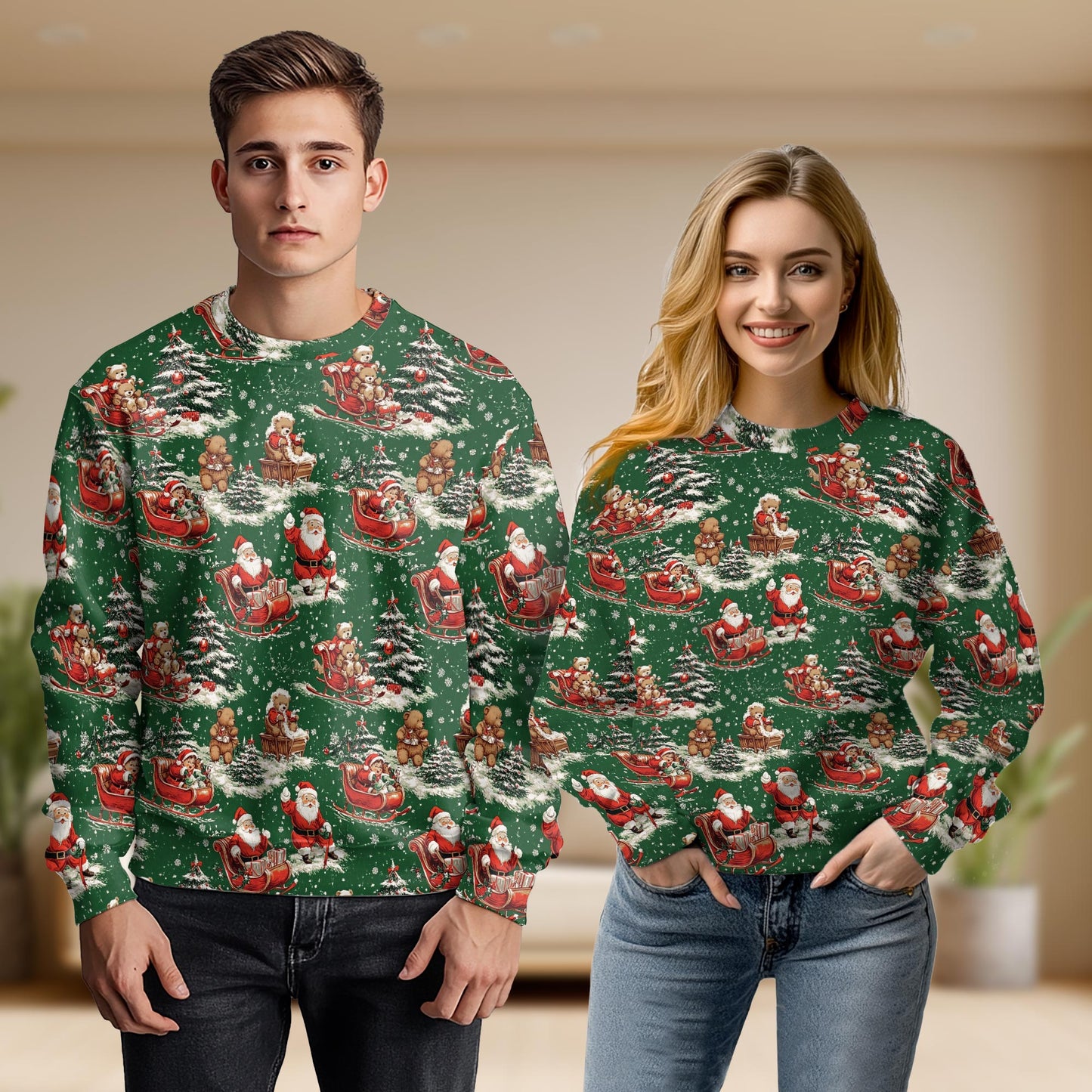 Netecom Santa Bear Sleigh Christmas Sweatshirt 3D All Over Print – Unisex Crewneck Pullover, Lightweight Fleece Casual Outfit
