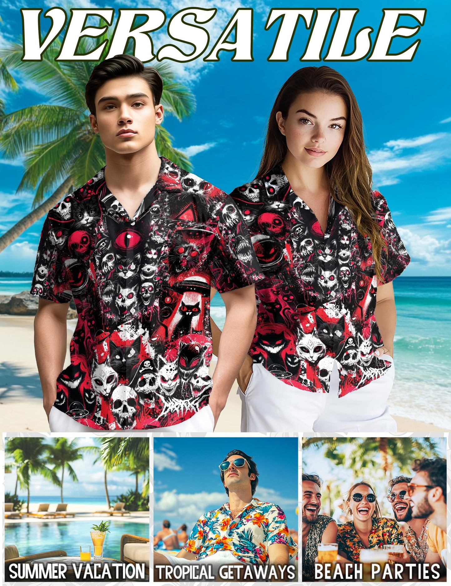 Netecom Black Cat UFO Alien Halloween Hawaiian Shirt for Men, Animal Skull Button Down Summer Beach Shirts, S-5XL