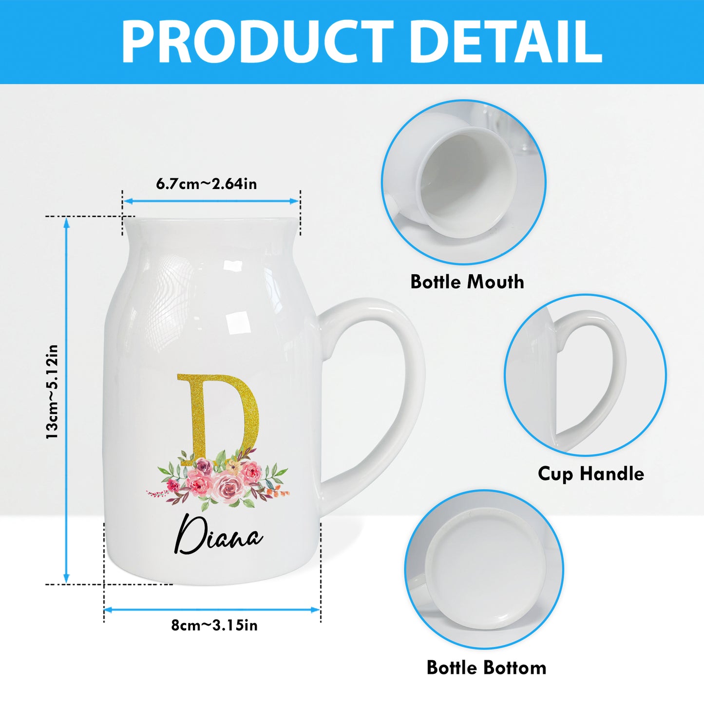 Netecom Custom Initial and Name Ceramic Jug, Modern Floral Vase, Thoughtful Gift for Mother’s Day, Birthday, or Housewarming