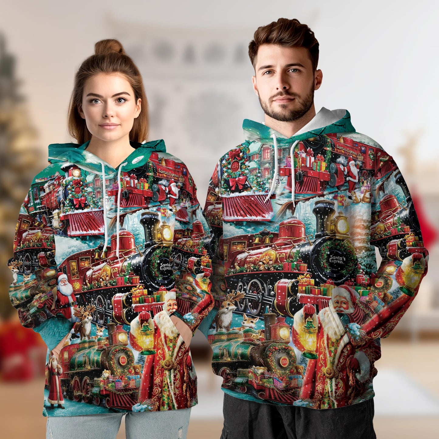 Netecom Santa Claus Christmas Train Print Hoodie with Front Pocket, All Over Vintage Holiday Graphic Sweatshirt Unisex Casual