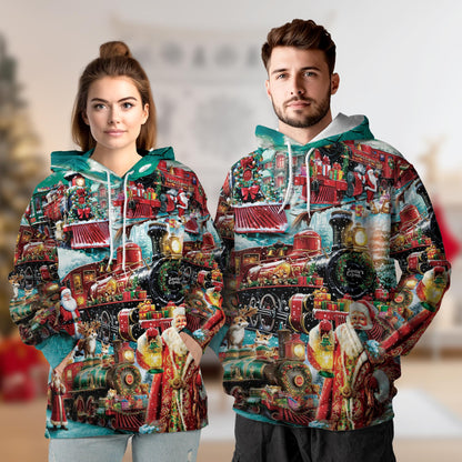 Netecom Santa Claus Christmas Train Print Hoodie with Front Pocket, All Over Vintage Holiday Graphic Sweatshirt Unisex Casual