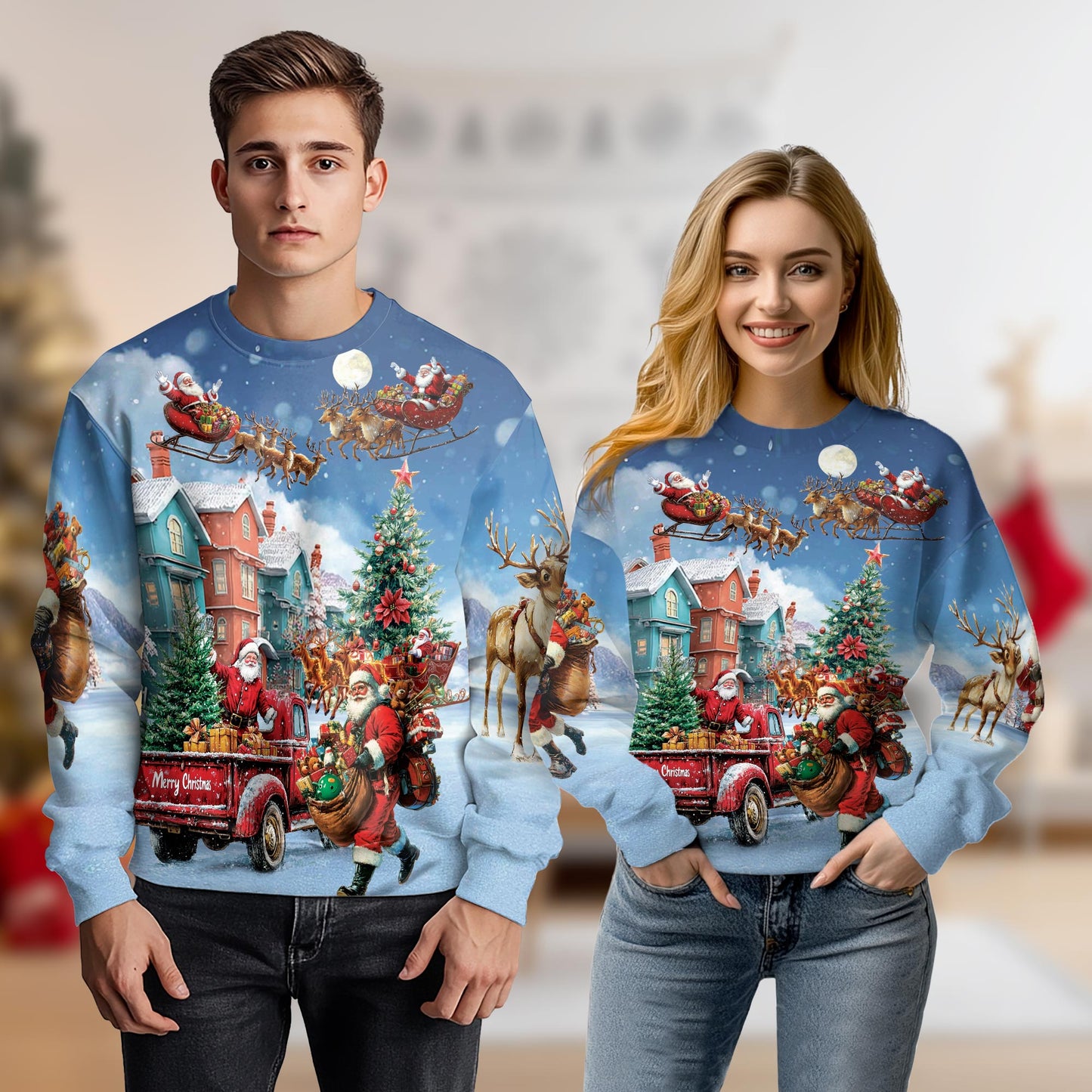 Netecom Christmas Santa Clause Sweatshirt 3D All Over Print, Snowy Holiday Scenes Design, Crewneck Pullover for Costume Party