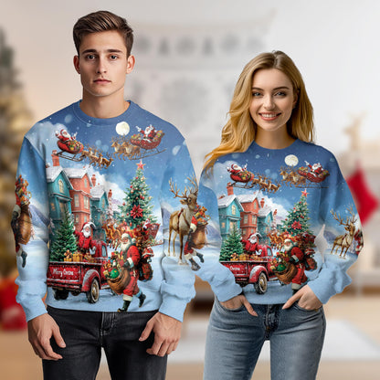 Netecom Christmas Santa Clause Sweatshirt 3D All Over Print, Snowy Holiday Scenes Design, Crewneck Pullover for Costume Party