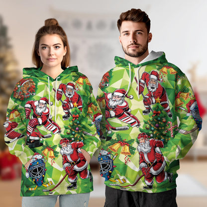 Netecom Santa Claus Ice Hockey Christmas Print Hoodie with Front Pocket, All Over Sports Graphic Sweatshirt Unisex Casual