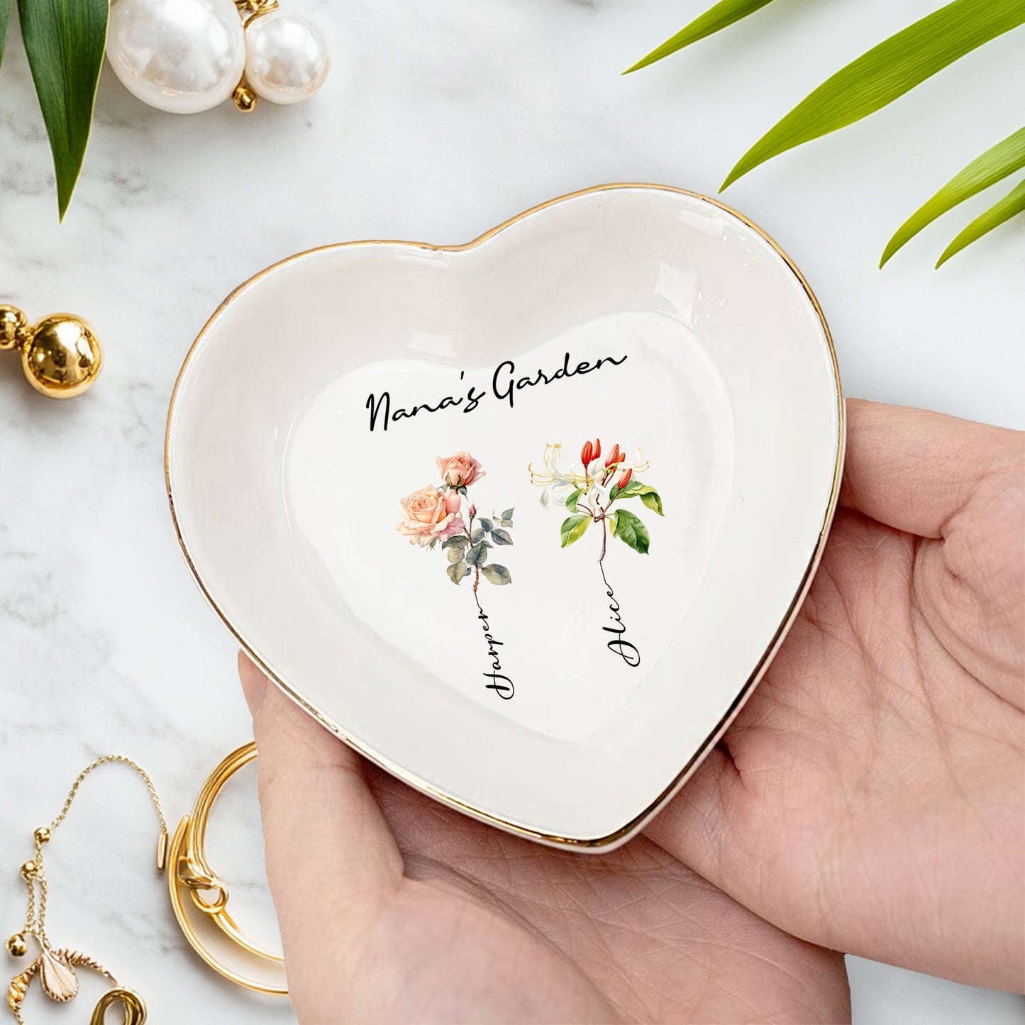 Netecom Custom Birth Month Flower Ceramic Jewelry Tray , Personalized Name Ring Dish , Elegant Gift for Birthday or Mother’s Day